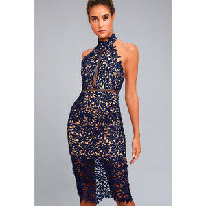 Lulu’s Navy Blue Lace Midi Dress. Size M